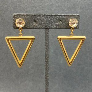 Dangle Pierced Earrings Gold Rhinestone Triangle Chevron Arrow Contemporary 80s